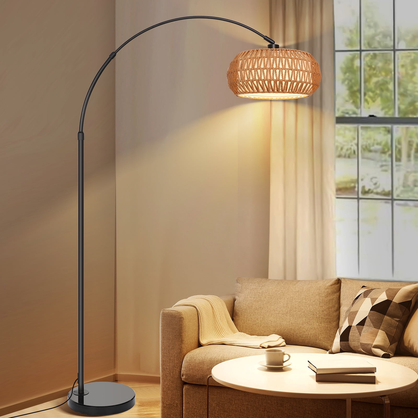 SERBASIC Floor Lamps for Living Room, Arc Boho Rattan Standing Floor lamp with Heavy Duty Marble Base, Stepless Dimmable Height Adjustable Tall Lamp for Bedroom