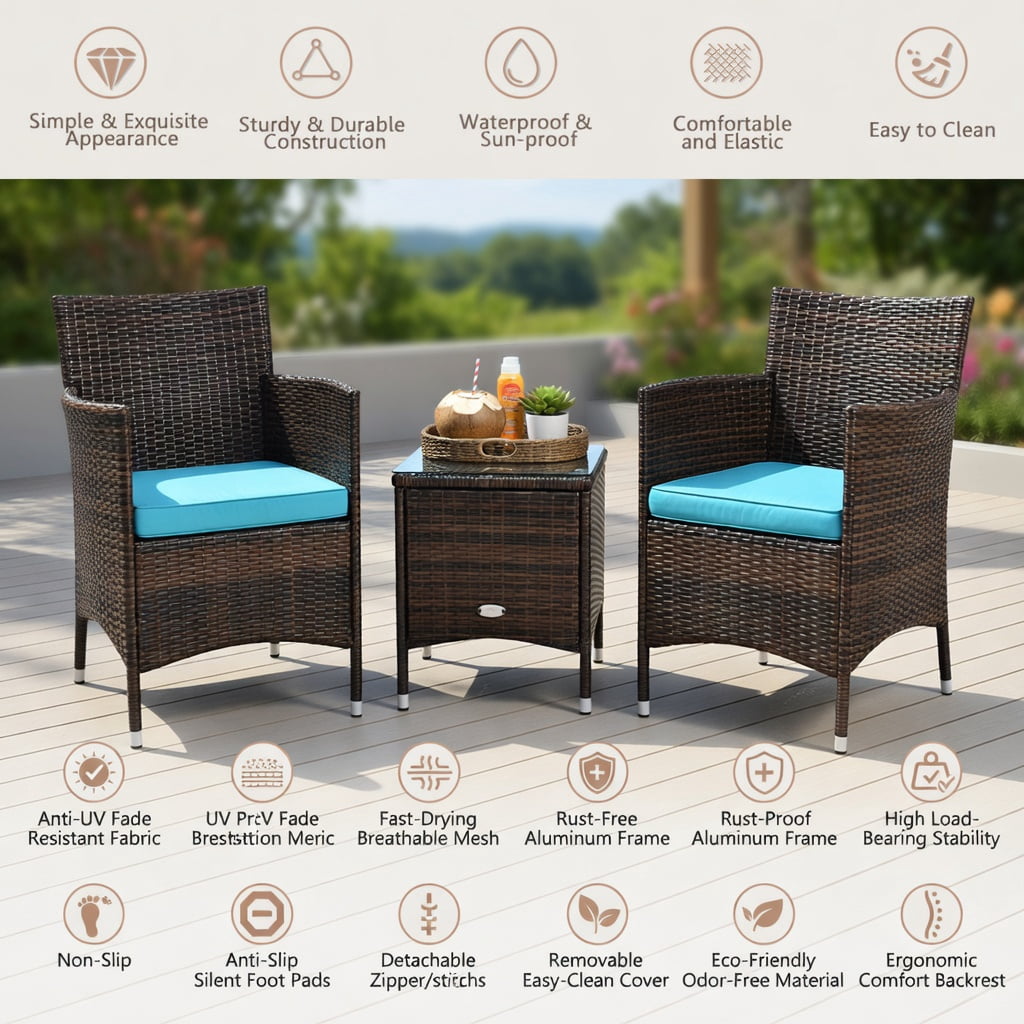 Hommoo 3-Piece Outdoor Wicker Patio Furniture Set with Cushions, PE Rattan Chairs & Tempered Glass Coffee Table for Backyard, Poolside, or Garden, Turquoise