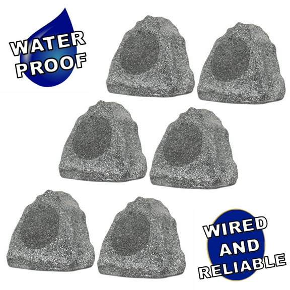 Theater Solutions 6R6G Outdoor Granite 6.5" Rock 6 Speaker Set for Deck Pool Spa Yard Garden