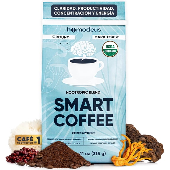 Café Molido con Hongos Adaptógeno USDA Orgánico 315g - Nootrópico con Melena de León, Cordyceps, Chaga. Mushroom Coffee para Energía, Concentración, Memoria, Mente. Tueste Medio Chiapas para Cafetera