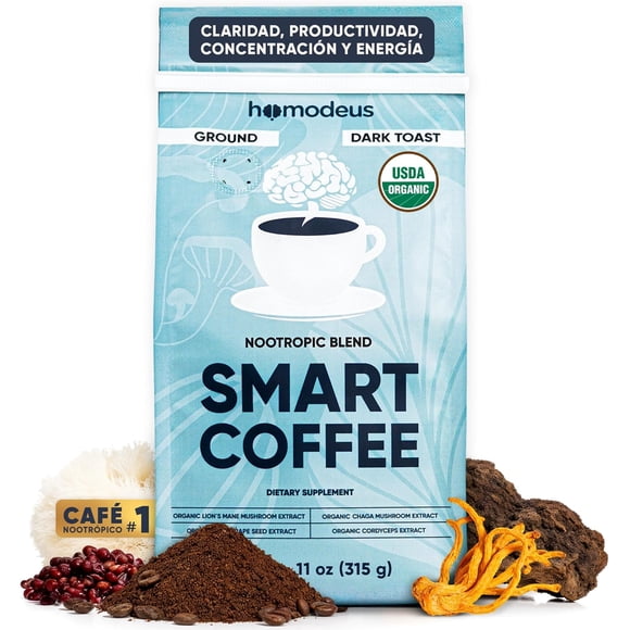 Café Molido con Hongos Adaptógeno USDA Orgánico 315g - Nootrópico con Melena de León, Cordyceps, Chaga. Mushroom Coffee para Energía, Concentración, Memoria, Mente. Tueste Medio Chiapas para Cafetera