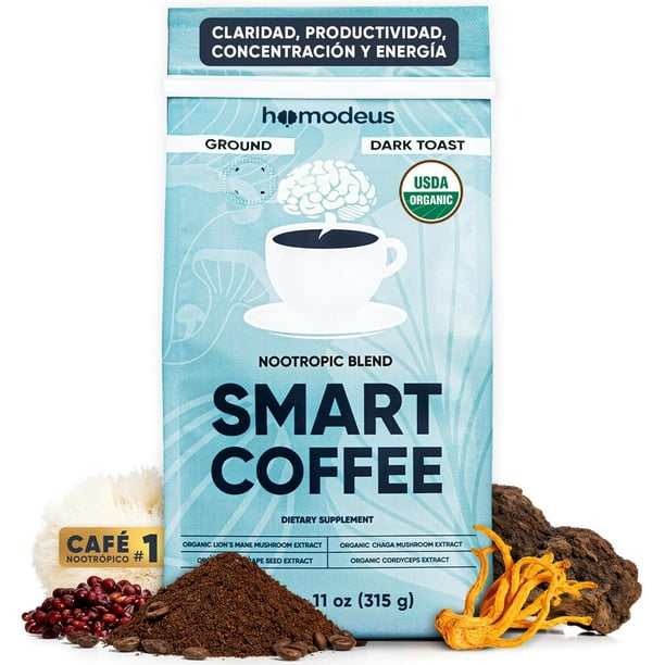 Café Molido con Hongos Adaptógeno USDA Orgánico 315g - Nootrópico con Melena de León, Cordyceps, Chaga. Mushroom Coffee para Energía, Concentración, Memoria, Mente. Tueste Medio Chiapas para Cafetera