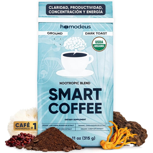 café molido con hongos adaptógeno usda orgánico 315g - nootrópico con melena de león, cordyceps, chaga. mushroom coffee para energía, concentración, memoria, mente. tueste medio chiapas para cafetera, empaque frontal azul con texto SMART COFFEE y taza blanca; muestra montículo de café molido y granos en primer plano, hongos secos (melena de león, cordyceps, chaga) y trozos de chaga visibles, sello USDA Organic. Suele emplearse como suplemento matutino en rituales de enfoque y es apto para prensa francesa o goteo.