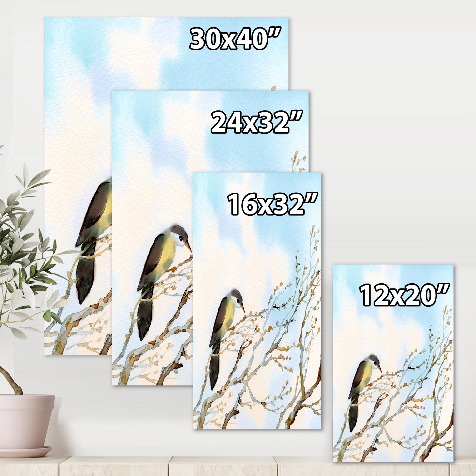 Bird Sitting On Old Bare Tree With Blue Cloudy Sky 16 in x 32 in Painting Canvas Art Print, by Designart