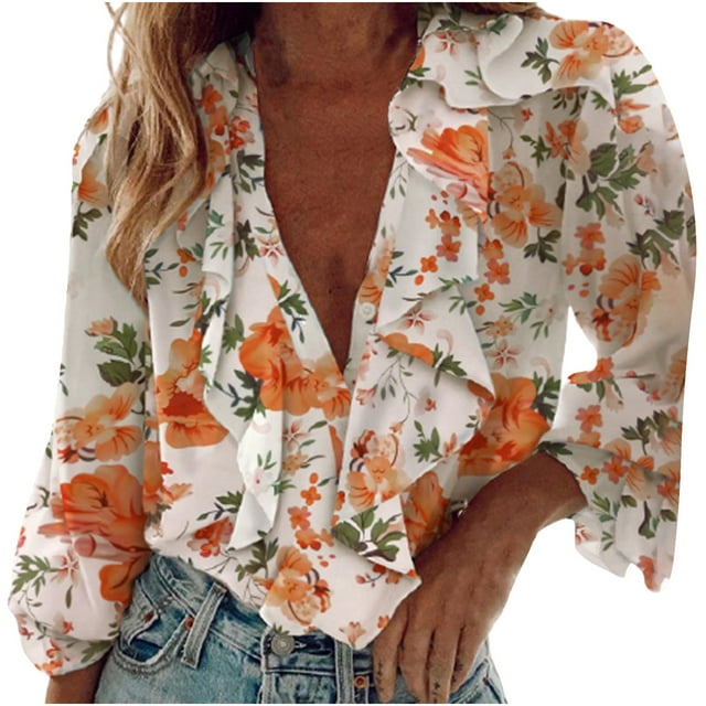 Leutsin Women Casual Printing Long Sleeve Ruffle V-Neck Shirt Blouse Tops