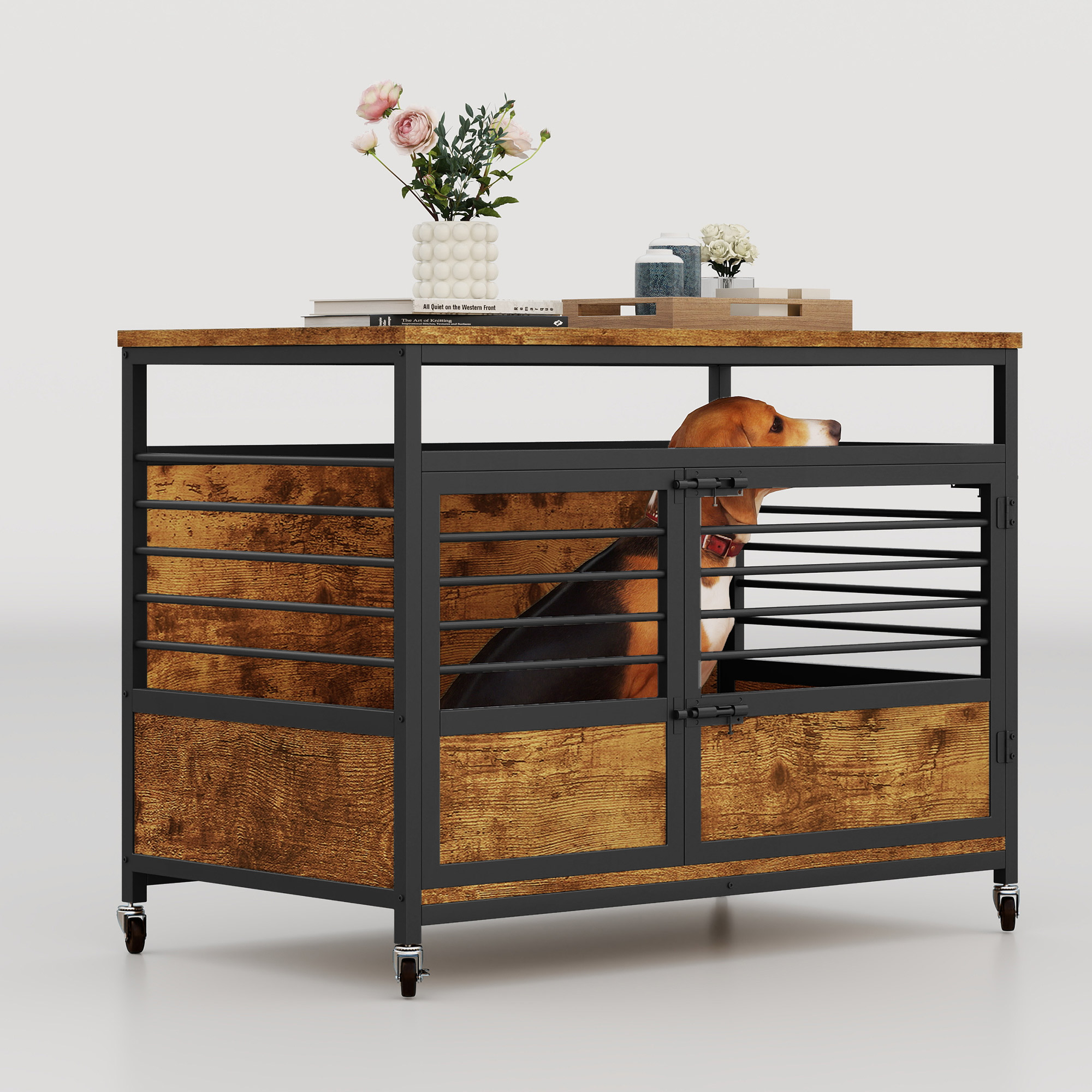 Uforic 2-in-1 Dog Crate Furniture with Wheels, 39.4" Wooden Dog Kennel,End Table, Rustic Brown