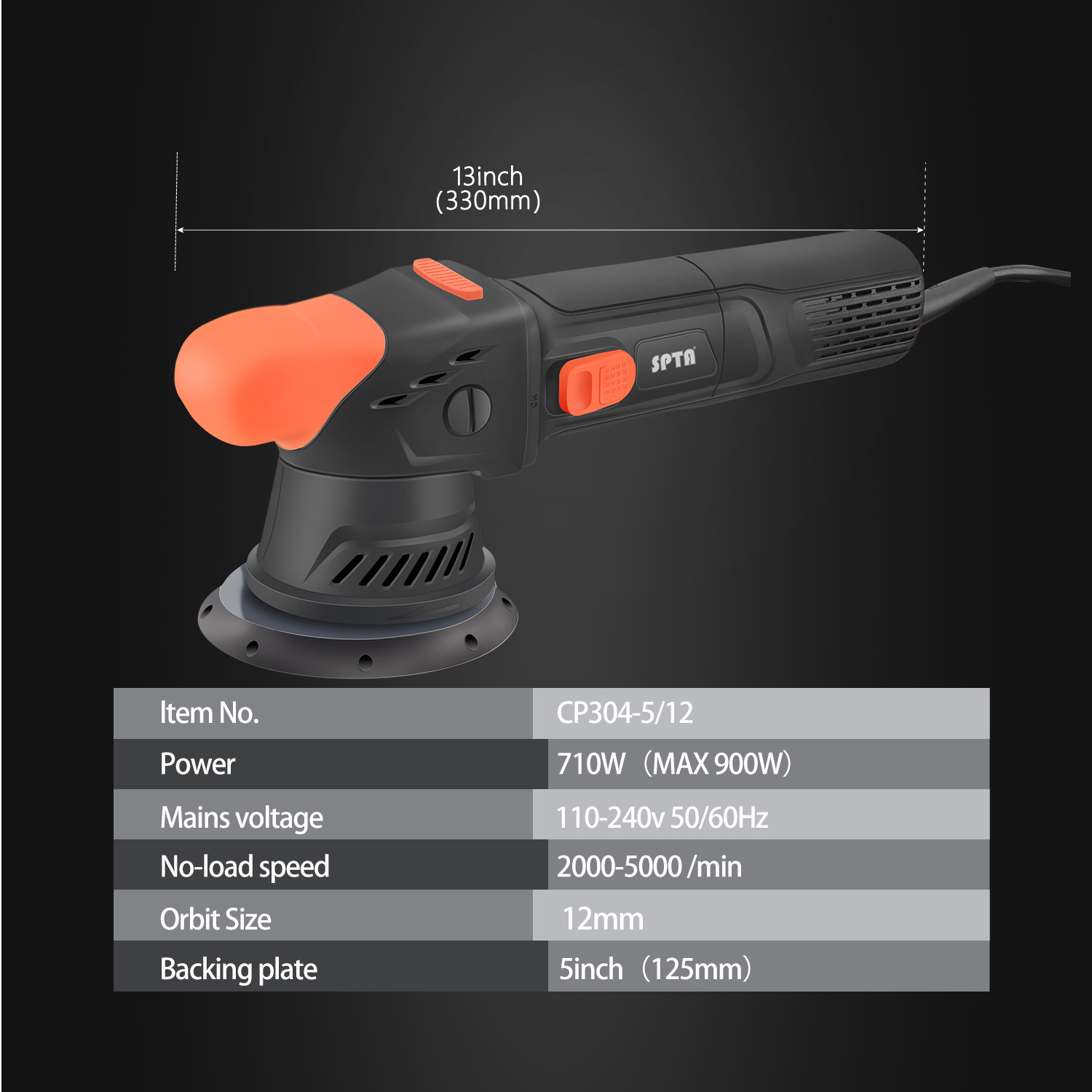 SPTA CP304 12mm Orbit 5 Inch Dual Action Polisher 6 Variable Speeds 2000-5000 RPM Car Buffer Polishing Machine