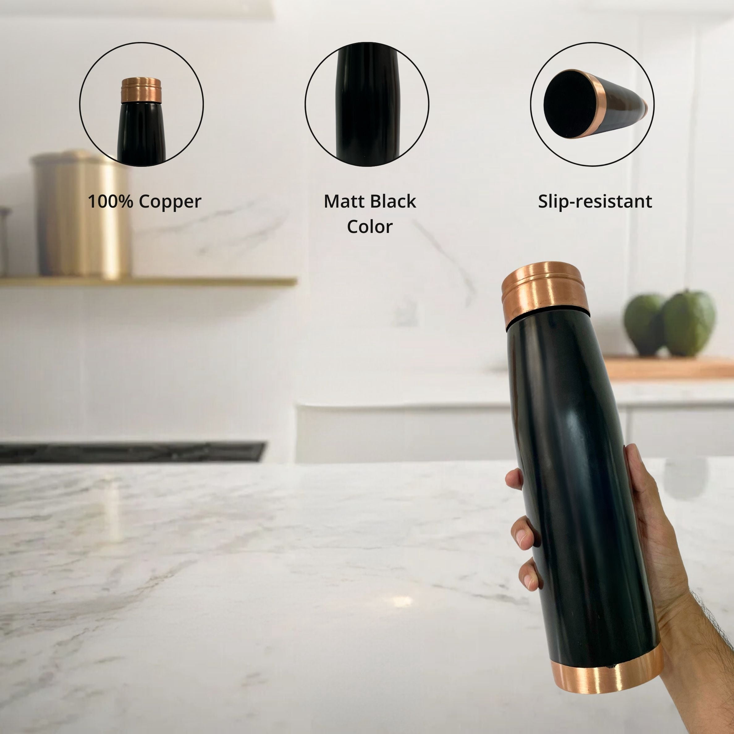 SuperGeneriX 34 oz Copper Water Bottle - Leakproof Durable Metal Travel Bottle (Black)