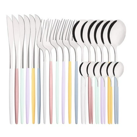 

dosili 24Pcs Colorful Dinnerware Set Stainless Steel Gold Flatware Knife Fork Teaspoon Silverware Cutlery Set Western Kitchen Tableware
