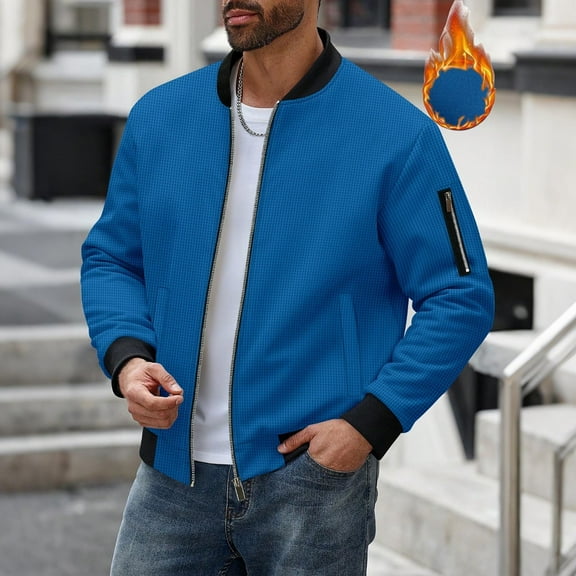 Men's Jackets-Bomber Jacket Fall Winter Warm Windbreaker Full Zip Casual Padded Coats Blue XL