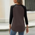 thumbnail image 3 of WTOBBY Women's Colorblock V-Neck Raglan Sleeve T-Shirt with 3/4 Sleeve, Casual Button Detail Top for Fall Season, Comfortable Fashion Apparel,Coffee L, 3 of 4
