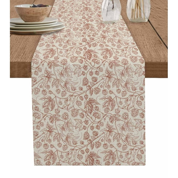 Brown Flowers Burlap Cotton Table Runner 13x70 Inches Long, Vintage Farmhouse Floral Leaves Vines Farmhouse Table Runners, Outdoor Dining Tablecloths Decor for Baby Shower/Party/Wedding
