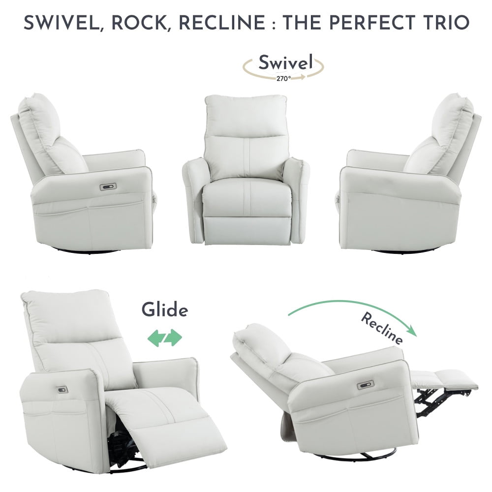 Rocker Recliner Chair, Swivel Recliner Chair with High Back & Footrest, Built-in USB Ports & Side Pocket, Rocking Chair Nursery in PU Leather, Glider Rocker Chair Reclining Sofa for Living Room, Grey