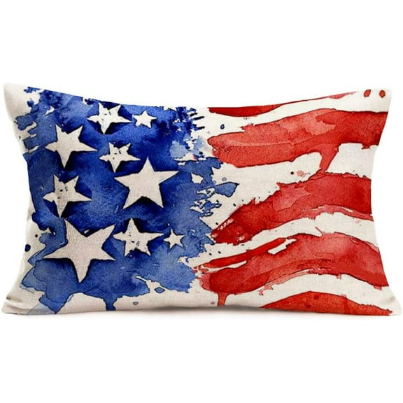 American Flag 12x20 Inch Pillow Cover Independence Day The Stars and Stripes Watercolor USA Flag Cushion Cover Patriotic Home Decor Rectangular Throw Waist Lumbar Pillow Cases