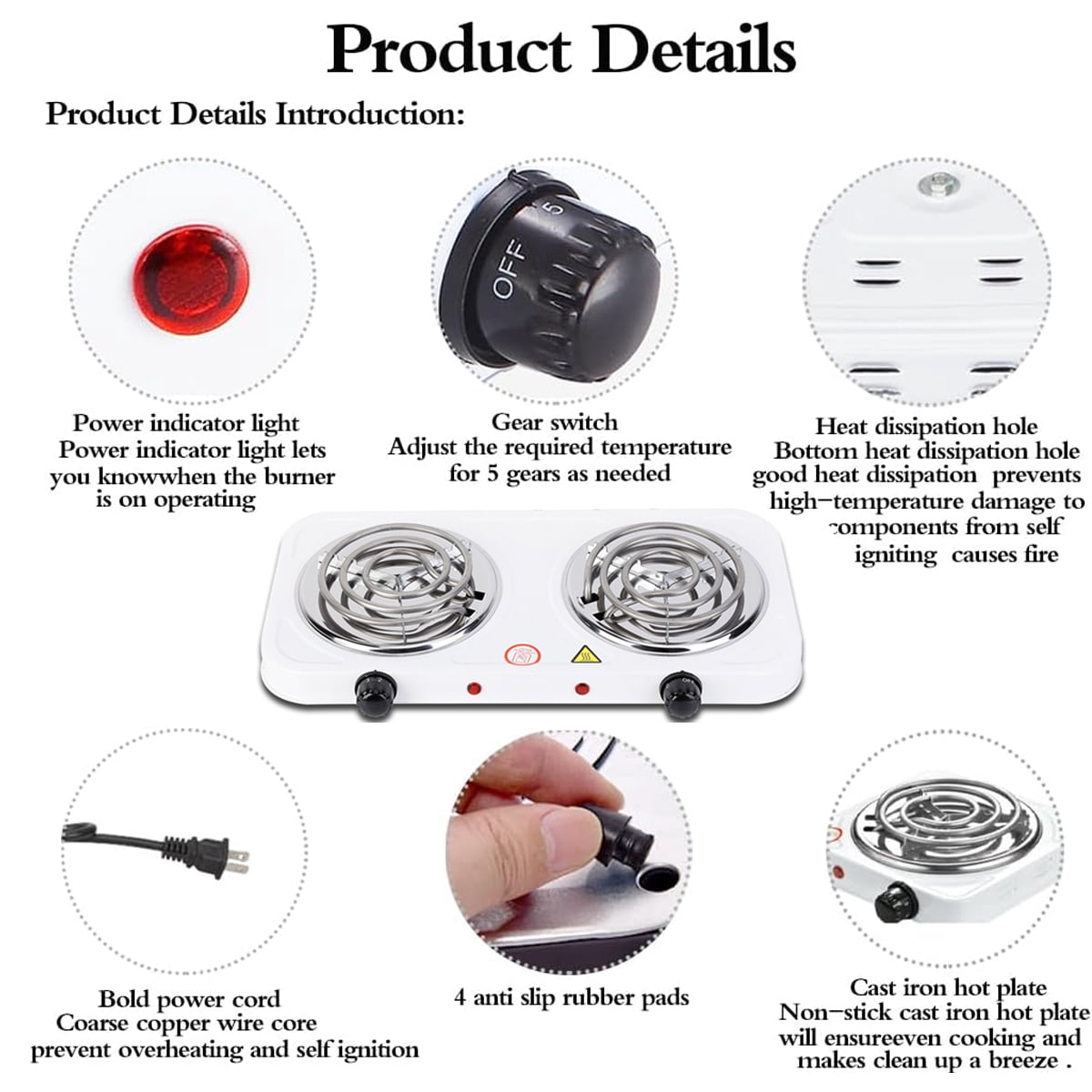 DISHUEC Hot Plate for Cooking,2000W Electric Double Burner Cooktop,Portable Electric Double Coil Burner with Dual Control&5 Level Temperature Control,Easy to Clean for Kitchen Camping
