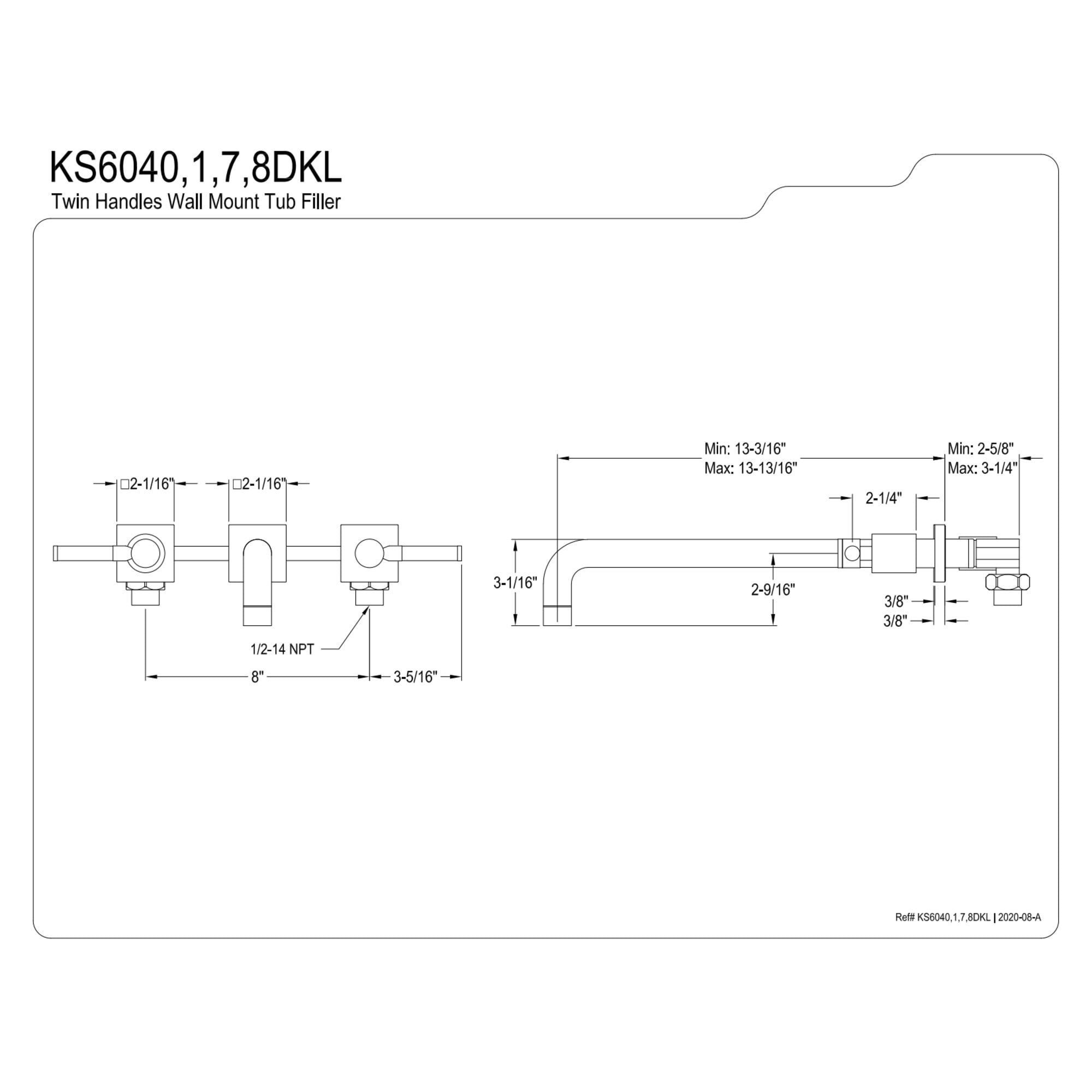Kingston Brass KS6048DKL Kaiser Two-Handle Wall Mount Roman Tub Faucet, Brushed Nickel