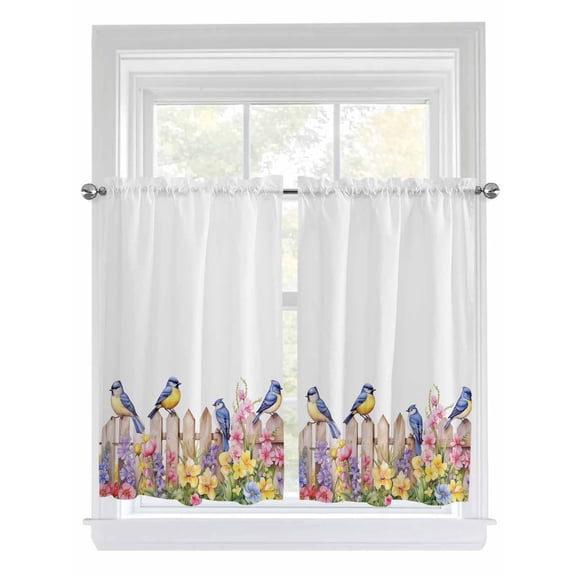 Tier Curtains 45 Inches Long, Spring Floral Window Treatment Curtain Drapes, Summer Birds Botanical Fence Window Half Privacy Curtains for Bedroom Bathroom, 42"x45", 2 Panels