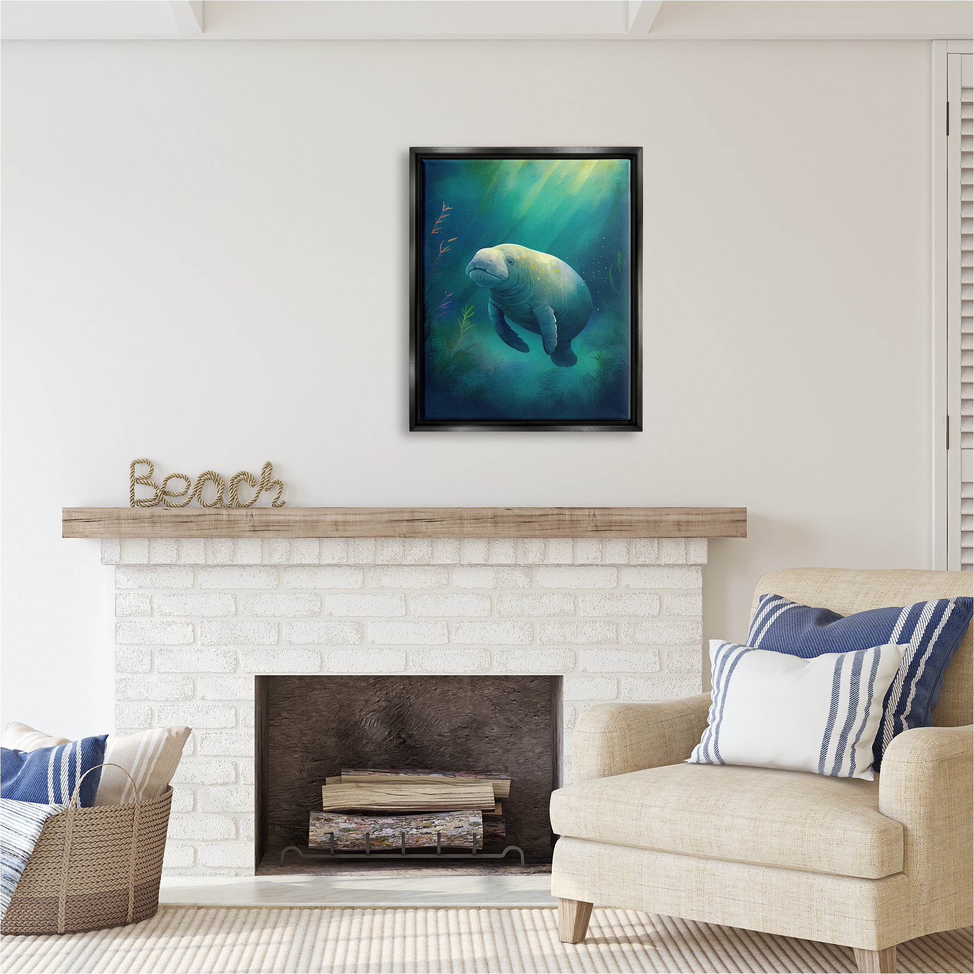 Stupell Industries Manatee Underwater View Animals & Insects Painting Black Floater Framed Canvas Art Print Wall Art, 25 x 31