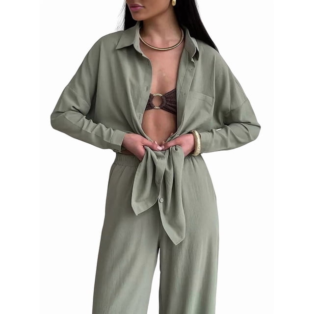 Conjuntos de 2 Piezas para Mujer: Conjuntos Casuales de Salón, Camisas de Larga con Botones y Pantalones de Pierna Verde M