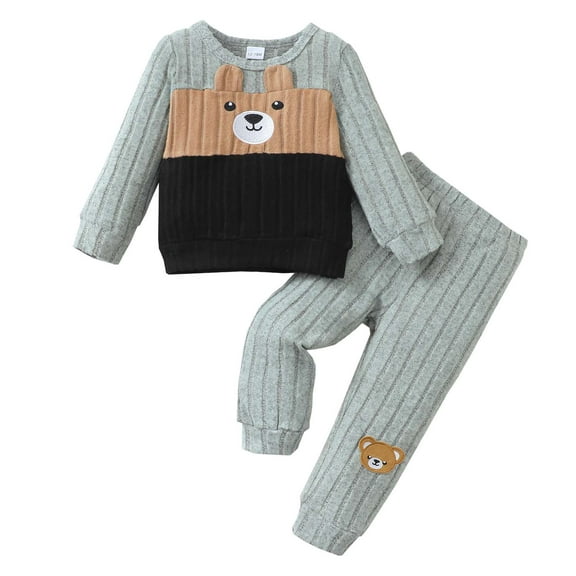 Kucnuzki 2T Toddler Boy Winter Outfits 3T Kid Child Warm Clothes Sets Long Sleeves Bear Pullover Top Color Block Tops Pants Set 2pcs Casual Clothing Green 2-3 Years