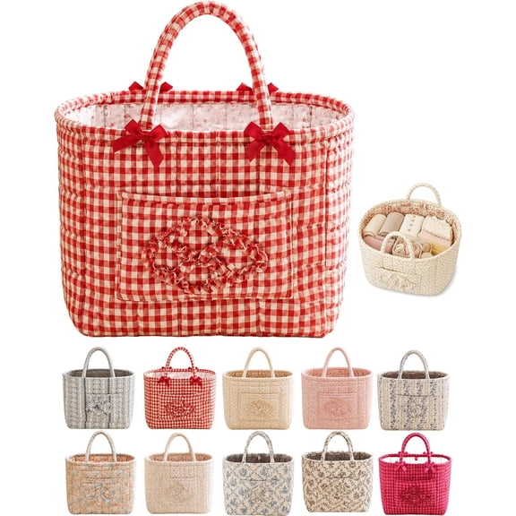 Women's Large Capacity Quilted Car Storage Basket Fabric Tote with Handles, Cotton Interior Organizer for Trunk Seat Toys Laundry Home and Picnic Use