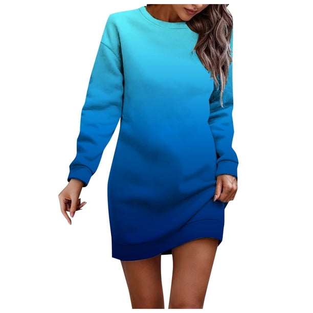 Vestido informal de manga larga para mujer: vestido liso de otoño/invierno con cuello redondo y estampado navideño opcional.