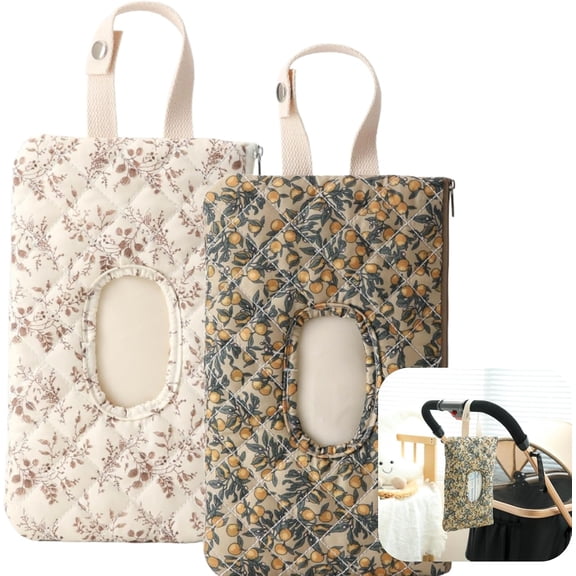 Baby Wipe Holder Diaper Caddy Pouch - Floral Quilted Portable Travel Organizer for Strollers, Diaper Bags & Daily Essentials | Compact Reusable Wipes Case (White Brown)
