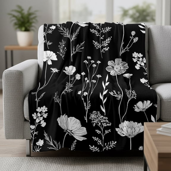 Fleece Blanket White Blossom Flower on Black Blankets,Soft Cozy Warm Flannel Throw Blanket,Botanical Wildflowers Plant Blanket for Bed Couch Sofa 30x40in