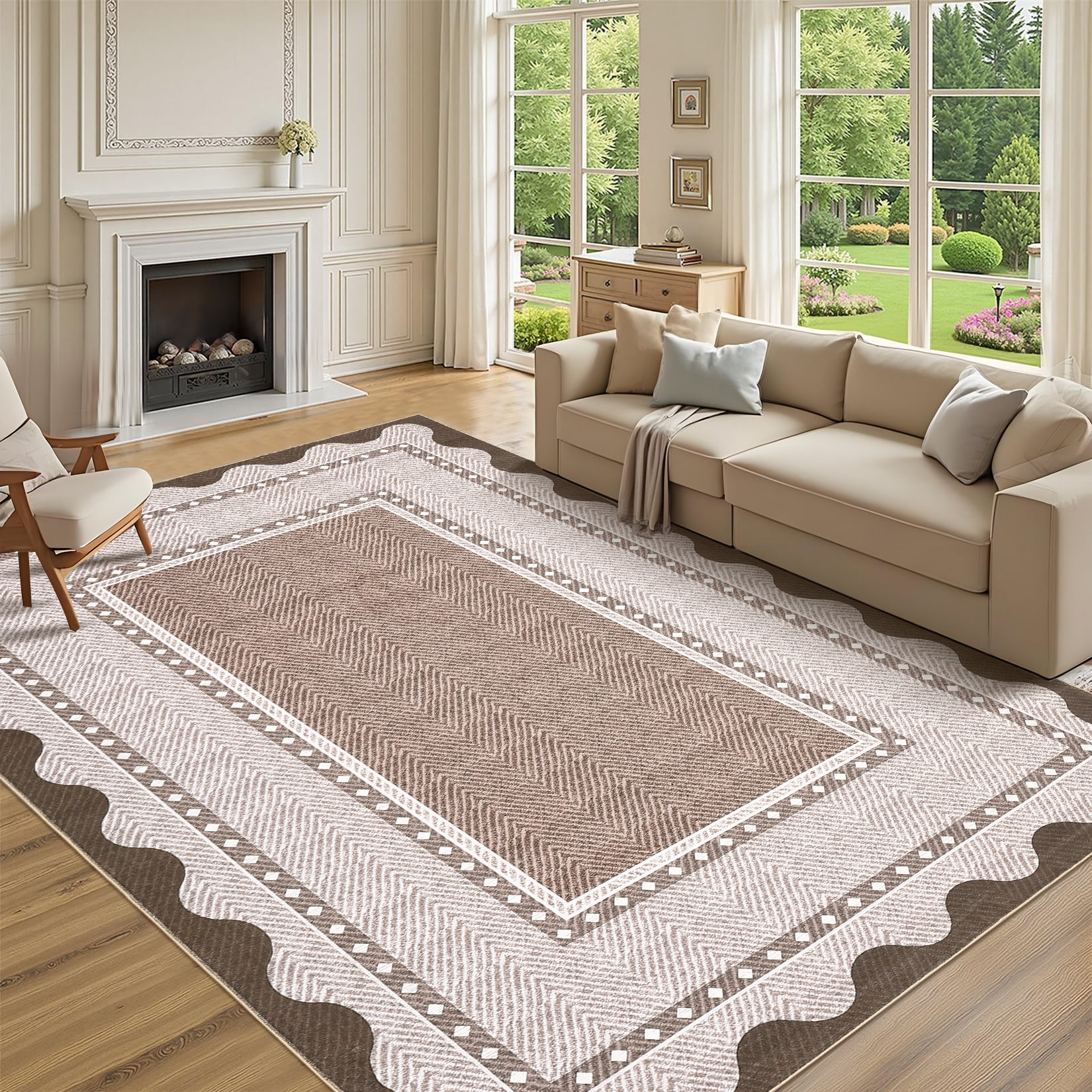 HIWEAVER Tan 9' x 12' Washable Scalloped Bordered Pattern Area Rug for Living Room Indoor Throw Carpet ​Modern Non-Slip Foldable Floor Cover for Dorm Home Decor