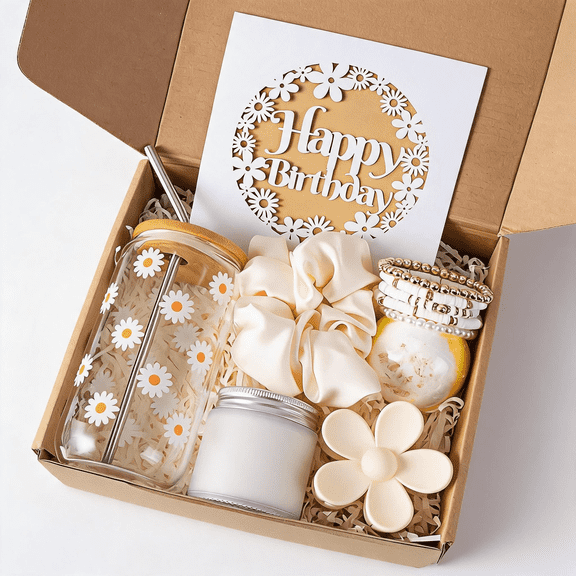 Birthday Gifts for Women, 7 Pcs Daisy Glass Cup Gift Box Set for Best Friend & Sister
