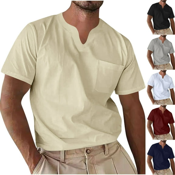 COSFO Short Sleeve Mens Summer Shirts V Neck Casual Tops with Pocket Solid Loose Pullover Classic T-Shirt