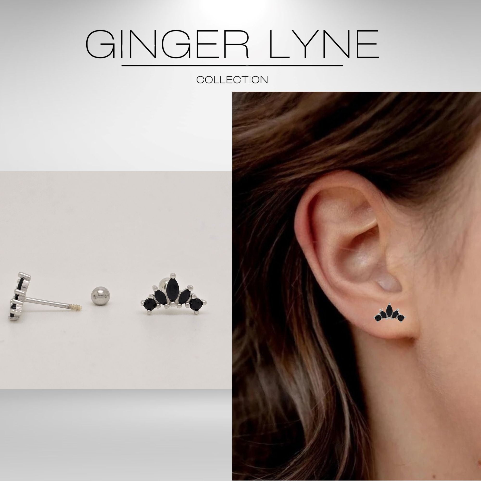 Black Marquise CZ Flat Back Earrings for Cartilage Helix Tragus Lobe 18g Sterling Silver 1 pair by Ginger Lyne