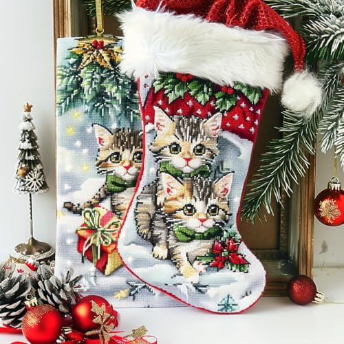 Cute Christmas Stockings Cats DIY 11CT Stamped Cross Stitch Kits for Beginners Easy Needlepoint Embroidery Counted Cross Stitch Art Craft for Wall Decoration 14x14inch(2)