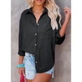 thumbnail image 2 of Blusa de corte casual Cuello en V Abotonado Manga larga enrollable Cuello vuelto Blusa holgada Negro L, 2 of 6