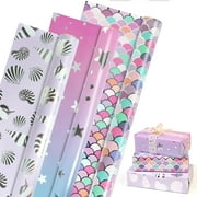 Birthday Paper PresNok Rolls, Pink Purple Mermaid Gift Paper Girls Women, Metallic Foil Shiny Paper Rolls for Birthday Baby Bridal Shower Wedding, 3 Mini Rolls-17x118 Inch Per Roll.