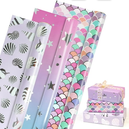 Birthday Paper PresNok Rolls, Pink Purple Mermaid Gift Paper Girls Women, Metallic Foil Shiny Paper Rolls for Birthday Baby Bridal Shower Wedding, 3 Mini Rolls-17x118 Inch Per Roll.