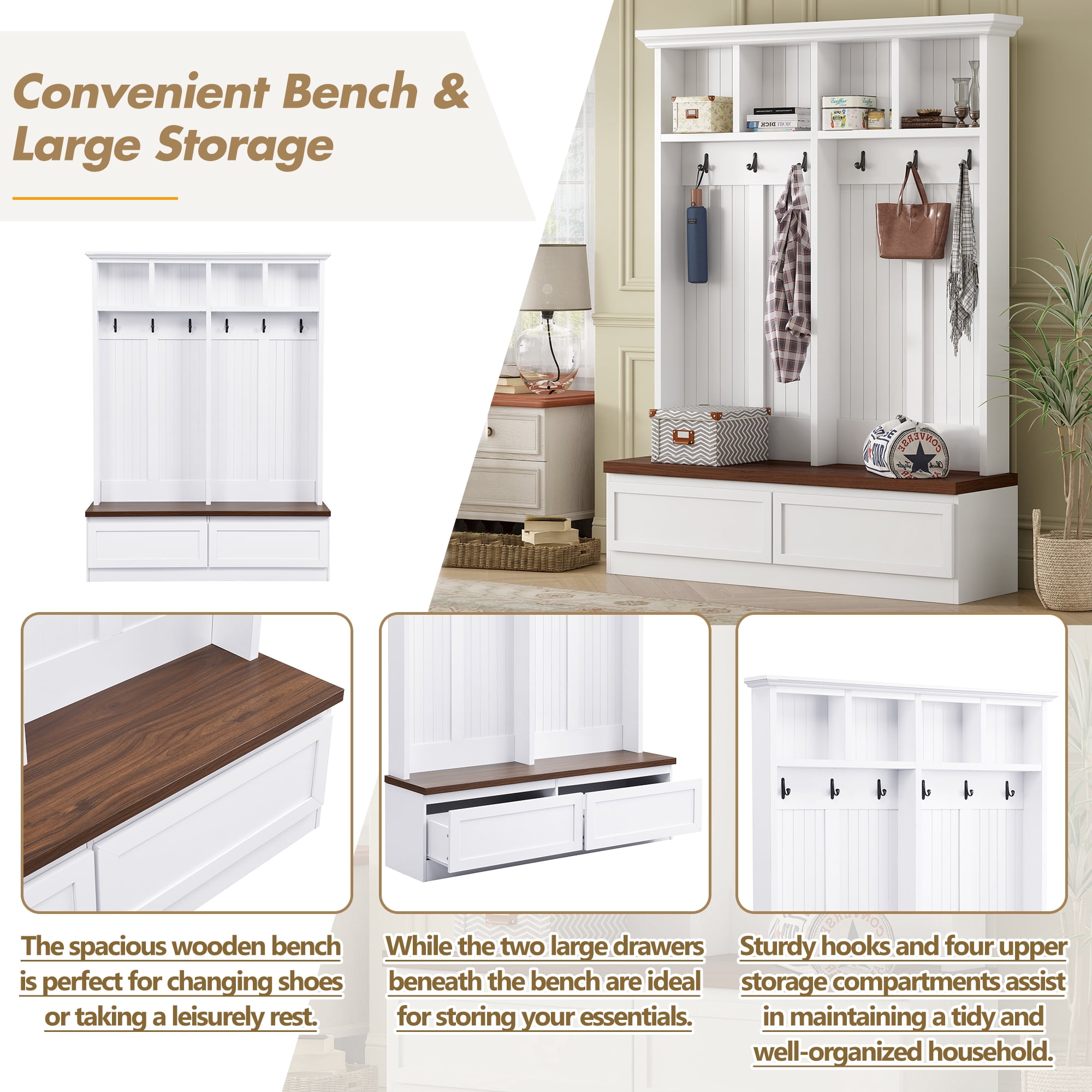 Euroco Farmhouse Hall Tree with Bench, Drawers, Hooks, and Upper Storage, Curved Top Design, Anti-Tip Safety