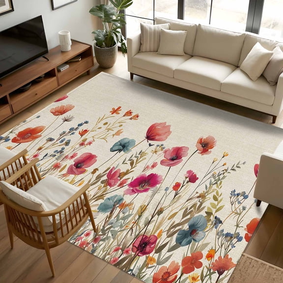 8x10 Area Rugs, Pink Orange Teal Spring Floral Non-Skid Rubber Backing Large Rectangle Rugs - Living Room Bedroom Home Office, Watercolor Botanical Summer Flowers Indoor Floor Carpets Washable Rug