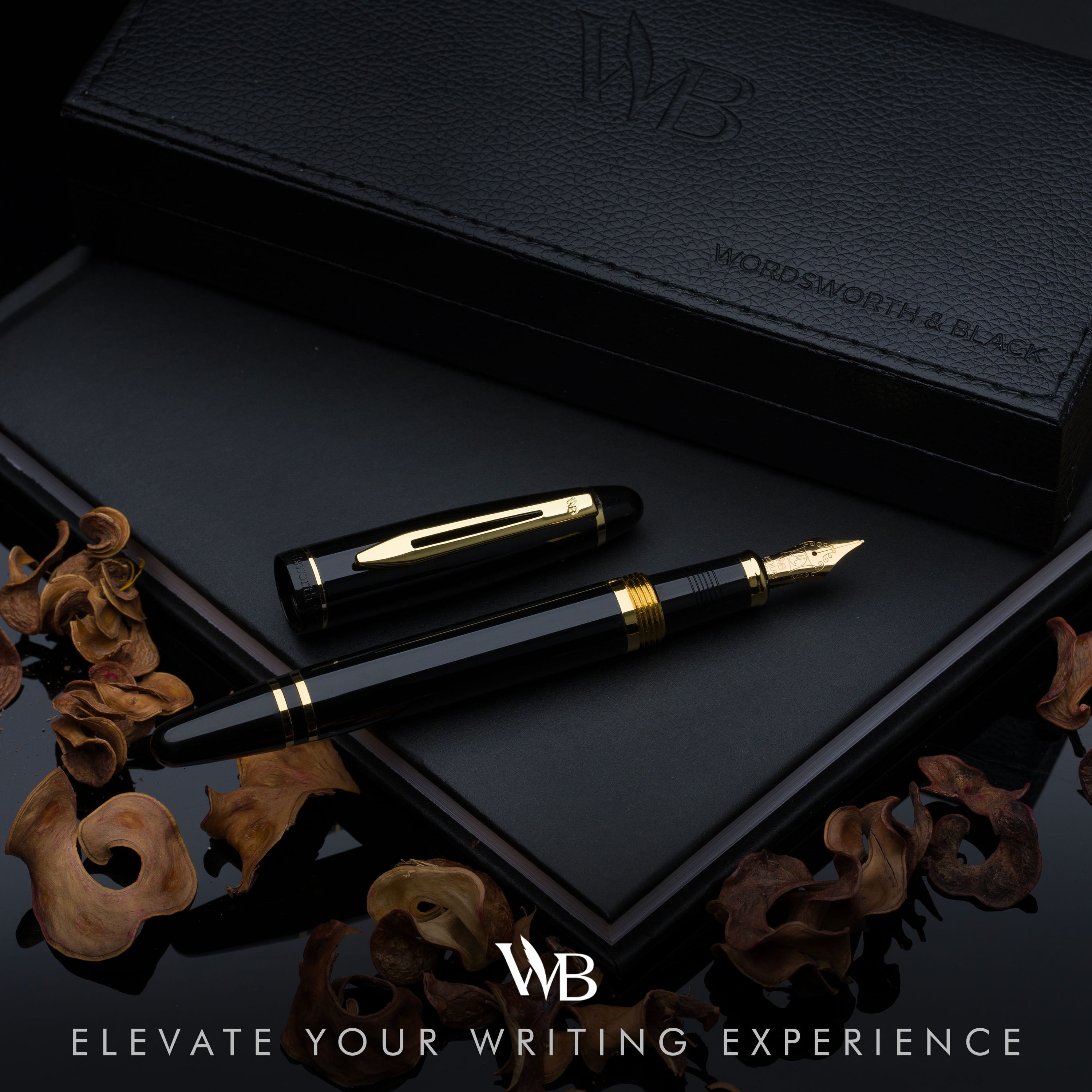 Wordsworth & Black Majesti Fountain Pen, Medium Nib Ink Pen, Black Gold - Refillable