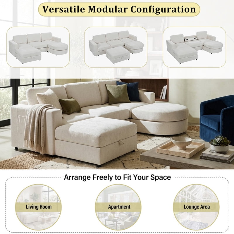 102.4" U-Shaped Modular Sectional Sofa with 2 Movable Ottomans, Chenille Fabric Couch with Storage Ottoman, Drop-Down Console with 2 Cup Holders, Solid Pine Wood Frame for Living Room
