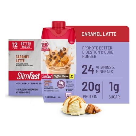 SlimFast Protein Shake  Caramel Macchiato- 20g Protein  Meal Replacement Shakes Ready to Drink Plus Caffeine  High Protein with Low Carb and Low Sugar  24 Vitamins and Minerals  12 Count (Pack of 1)