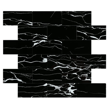 Black Peel and Stick Backsplash Tiles, 12" x 12" Faux Marble Stone Stick on Subway Tile for Kitchen Bathroom  (6 Sheets)