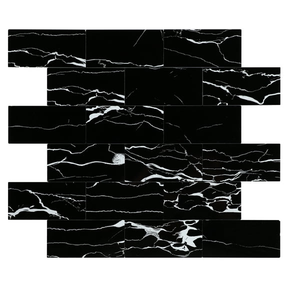 Black Peel and Stick Backsplash Tiles, 12" x 12" Faux Marble Stone Stick on Subway Tile for Kitchen Bathroom  (6 Sheets)
