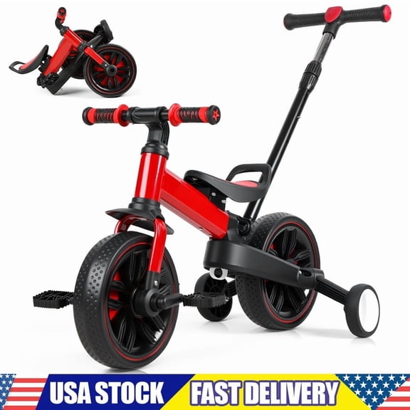 6 in 1 Toddler Bike with Push Handle for Kids 2-5 Years Old, Foldable Balance Bike with Training Wheels, Pedals, Brakes, Kickstand, Push Tricycle Toddler Gift & Toys for Boy & Girl