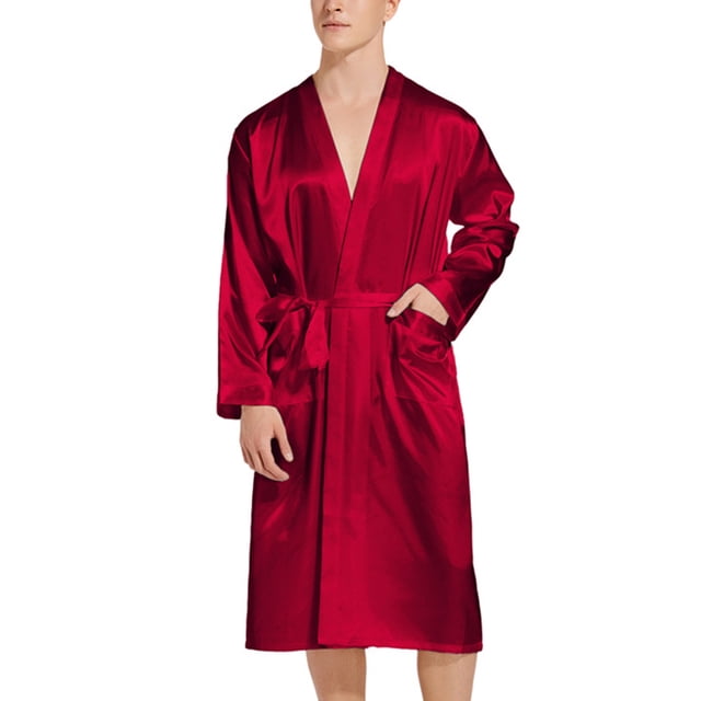 Bata tipo kimono de satén para hombre, bata de baño larga, pijama ligero de seda para dormir, con cinturón, tallas S a XXL