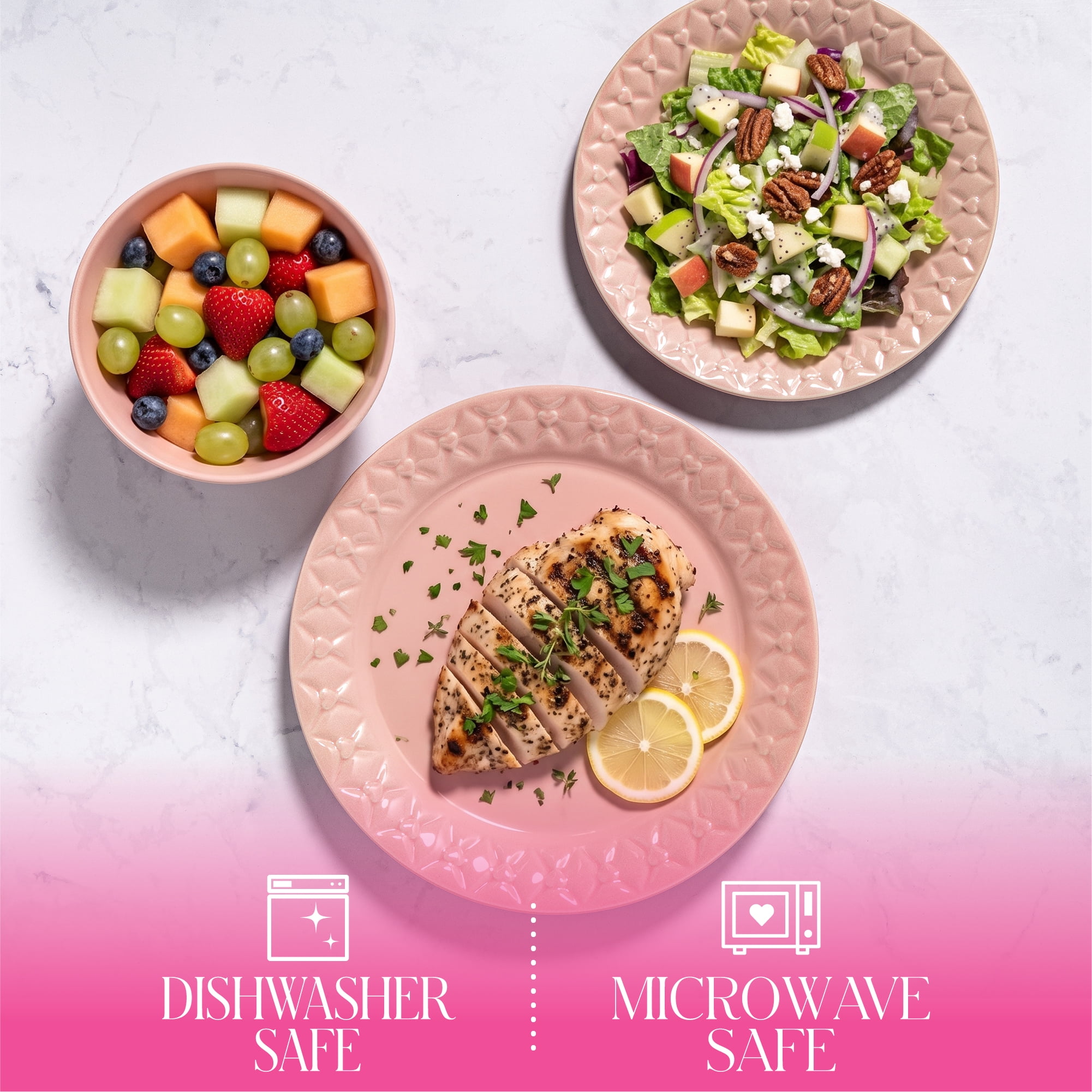 Paris Hilton Etoile Collection 12-Piece Stoneware Dinnerware Set, Plates & Bowls Dish Set, Service for 4, Microwave & Dishwasher Safe, Pink