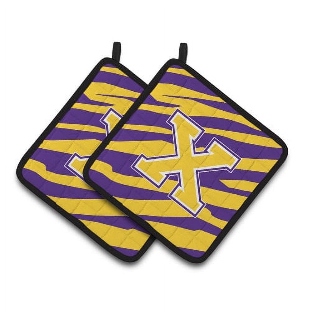 Letter A Monogram - Tiger Stripe - Purple Gold Pair of Pot Holders