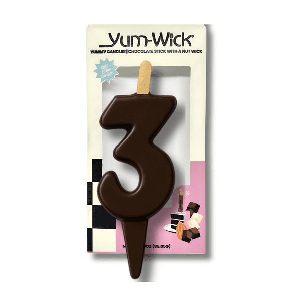 Yum-Wick® Vegan Dark Chocolate Number 3 Candle – Kosher, 100% Edible, Zero-Waste, Dairy-Free – Birthday & Anniversary Cake Candle