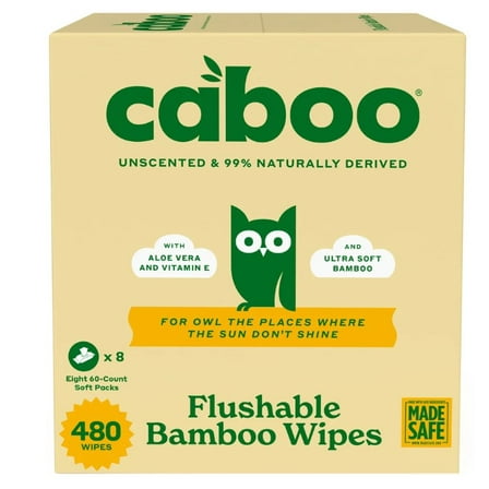 Caboo Unscented Flushable Bamboo Wipes, 480 Wipes