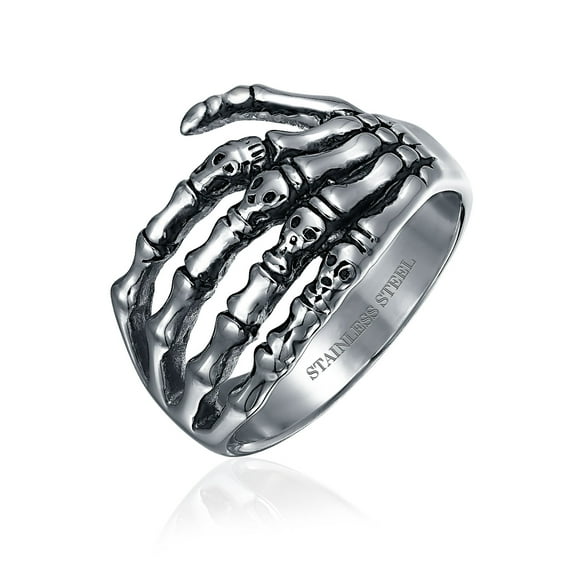 Halloween Goth Biker   Wrap Skelton Hand Band Ring for Men Teen Oxidized Silver Tone Stainless Steel